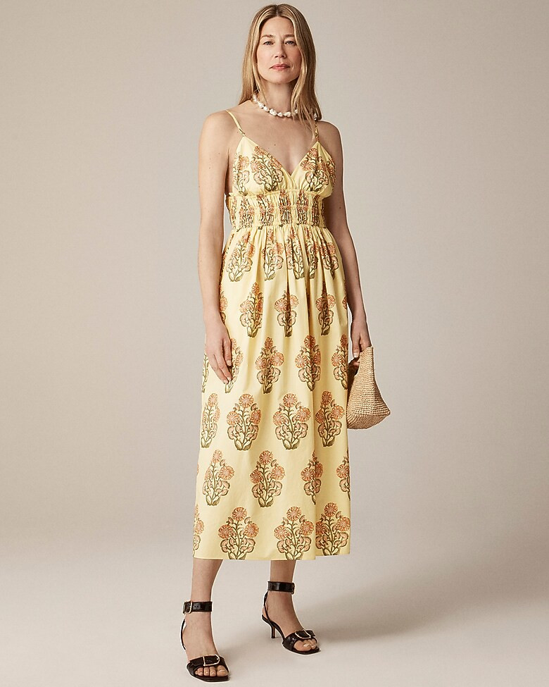 Petite smocked-waist V-neck dress in block print | J. Crew US