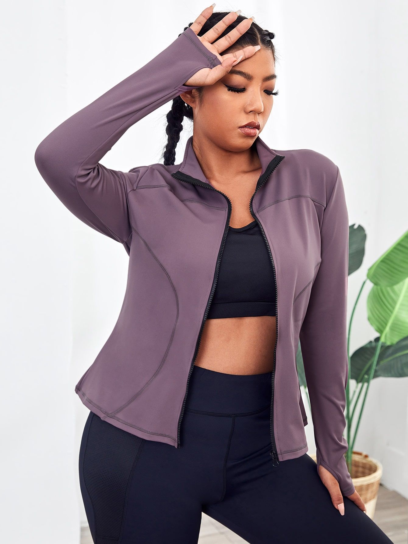 Plus Contrast Stitching Zip Up Sports Jacket With Thumb Holes | SHEIN