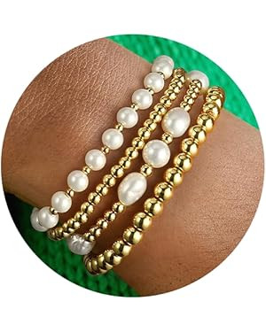 Gold Beaded Bracelets for Women Baroque Pearl Stackable14K Gold Plated Stretch Bead Ball Bracelet... | Amazon (US)