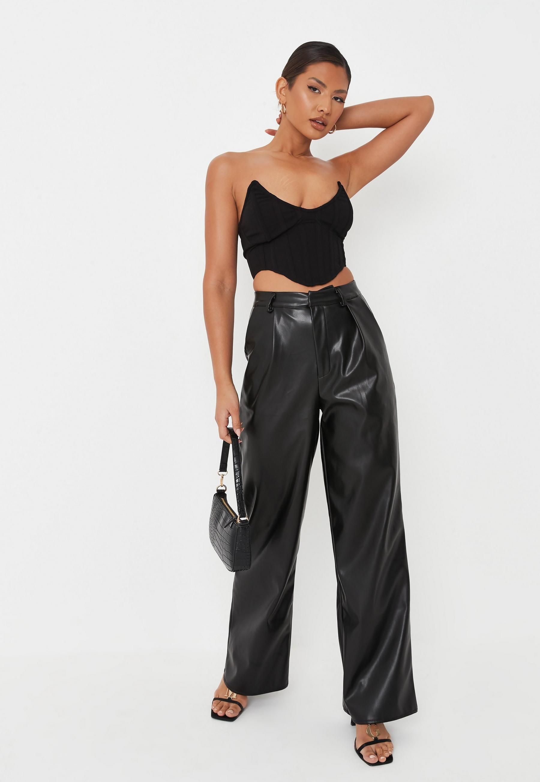 Missguided - Black Faux Leather Masculine Wide Leg Pants | Missguided (US & CA)