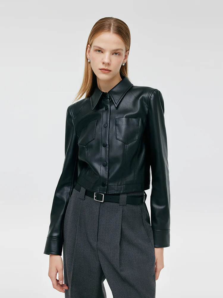 PU Leather Lapel Double-Breasted Women Jacket | GOELIA