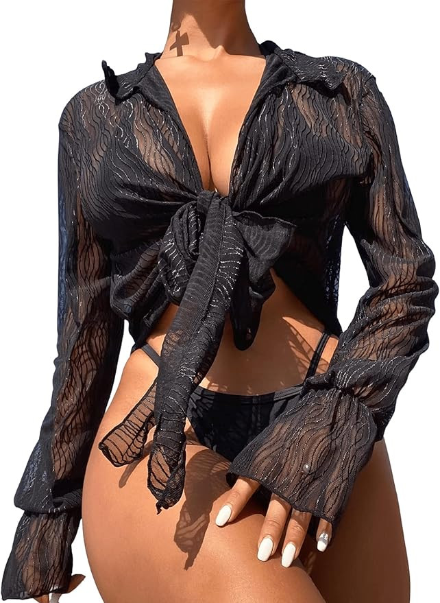 Verdusa Women's Knot Front Long Sleeve Sheer Cover Up Swimsuit Kimono Top | Amazon (US)