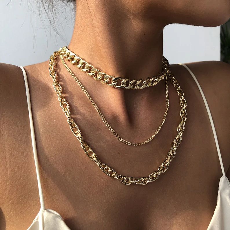 Gorgeous 3 Layer Gold Curb Choker Necklace, Curb Chain Necklace | Etsy (US)