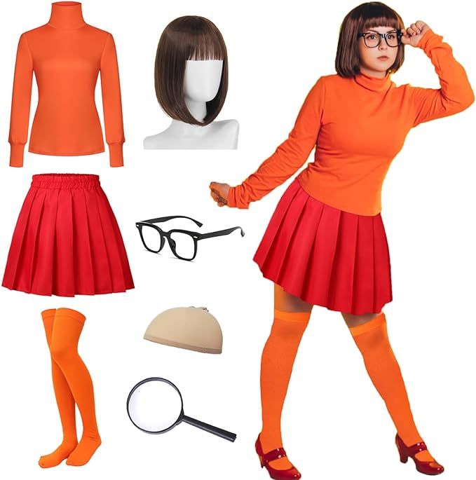 RAAIBB Halloween Velma Costume Adult Women Red Skirt Cosplay Outfit with Accessories Bob Wig Shir... | Amazon (US)