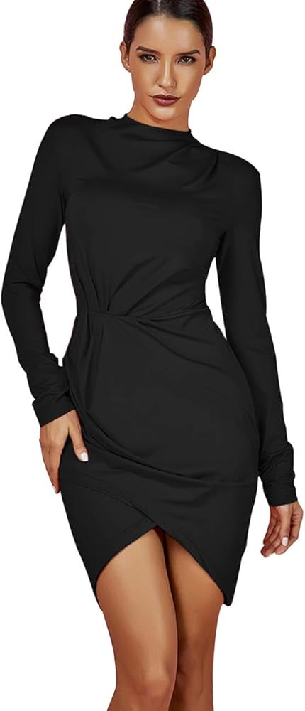UONBOX Women's Long Sleeve Ruched Smoothy Night Club Party Mini Bodycon Dress | Amazon (US)