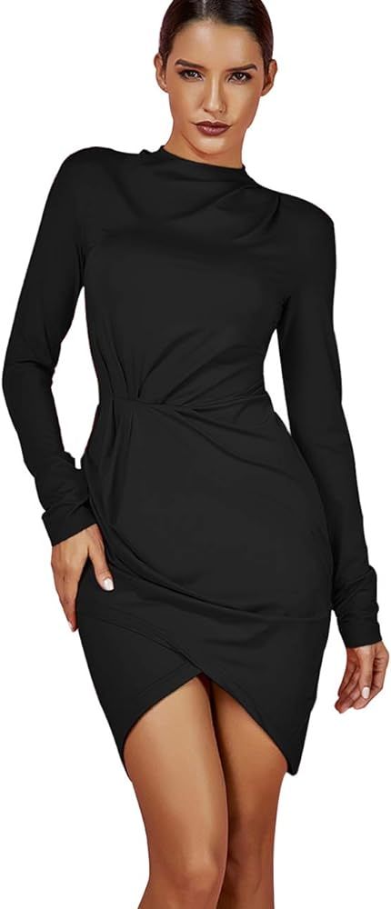 UONBOX Women's Long Sleeve Ruched Smoothy Night Club Party Mini Bodycon Dress | Amazon (US)