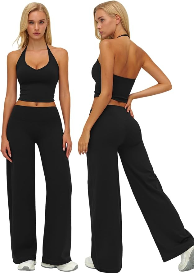 AGYMNX Women's Yoga Outfits Compression Halter Tank Top and Butt-lifting Leggings Wide Leg Pants ... | Amazon (US)