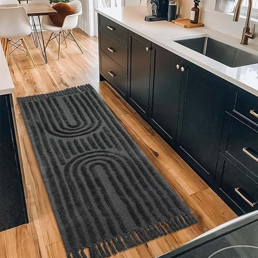 LEEVAN Washable Kitchen Runner Rug 2'X5', Hand-Woven Bathroom Runner Rug with Tassels, Dark Grey ... | Amazon (US)