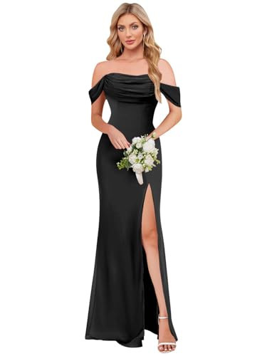 SOLODISH Black Off The Shoulder Bridesmaid Dress with Slit Cowl Neck Chiffon Long Formal Dresses US6 | Amazon (US)