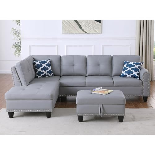 Irine Faux Leather Sectional Sofa with Ottoman - Gray | Amazon (US)