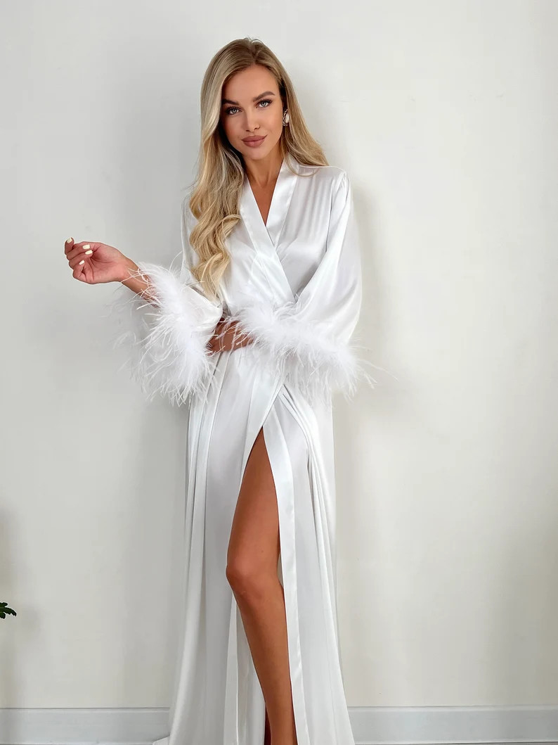 White Silk Bridal Robe With Ostrich Feathers, Long Wedding Gown - Etsy | Etsy (US)
