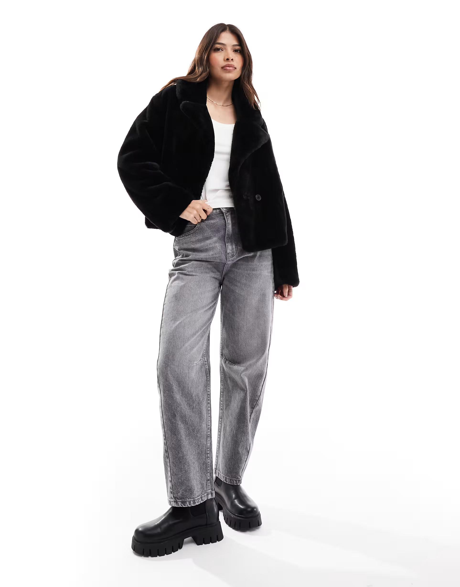 Stradivarius faux fur cropped jacket in black | ASOS | ASOS (Global)