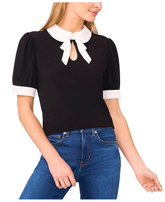 Women's Tie Collar Short Sleeves Top | Macy's