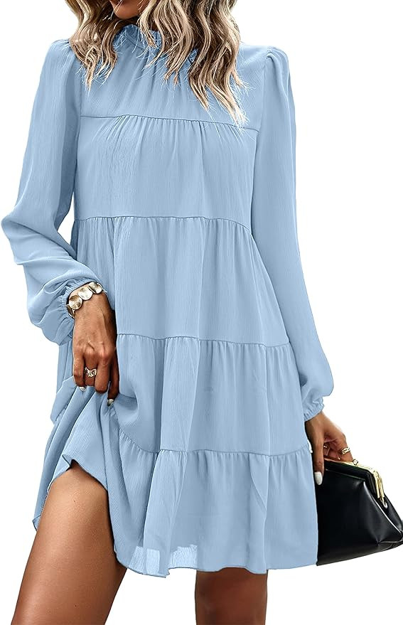 KIRUNDO Long Sleeve Baby Doll Dresses Women 2026 Casual Spring Summer Ruffle Mock Neck Tiered Min... | Amazon (US)
