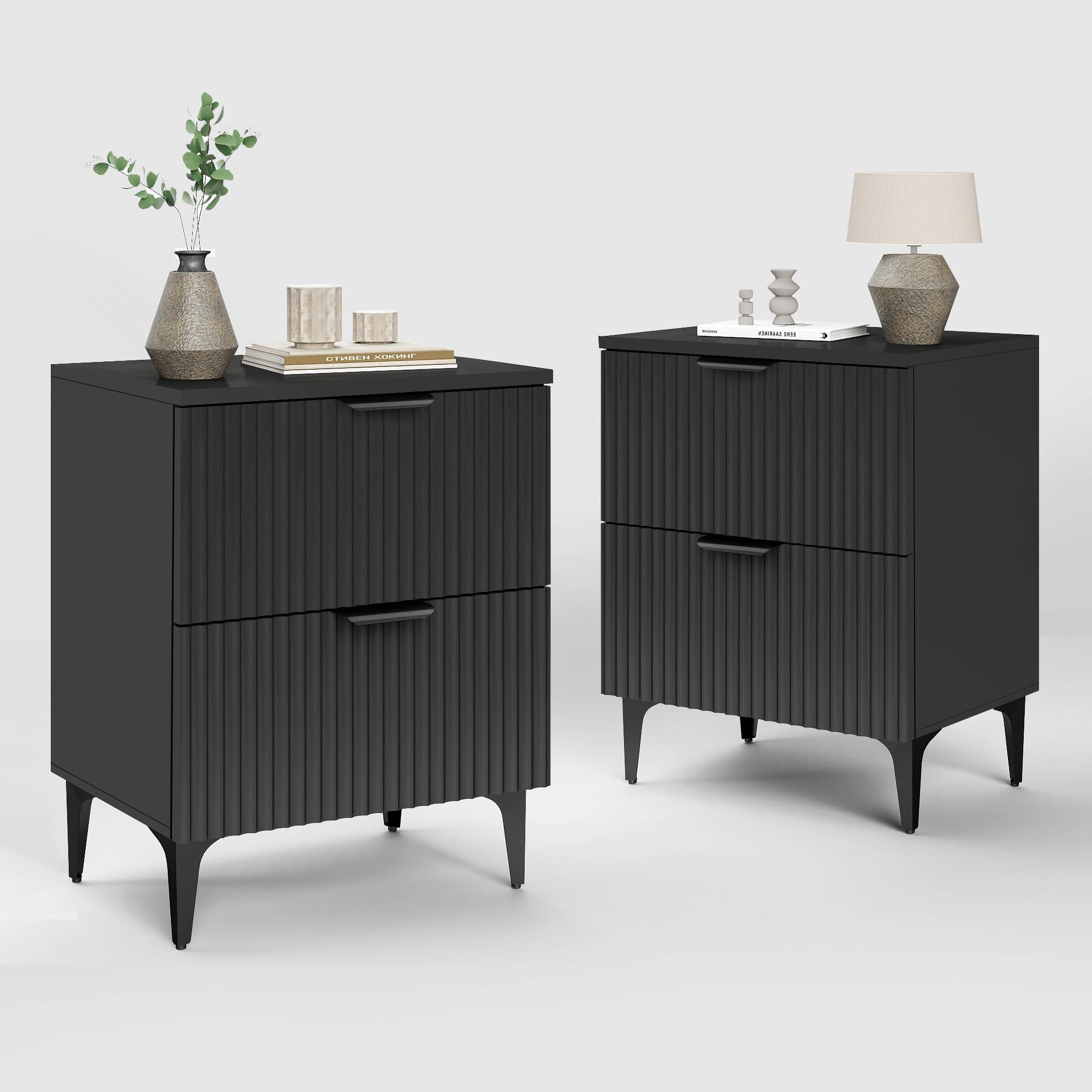 SUNWAVE Black Fluted Nightstand Set of 2, Modern Night Stands with 2 Drawers, Bedside Table for T... | Amazon (US)