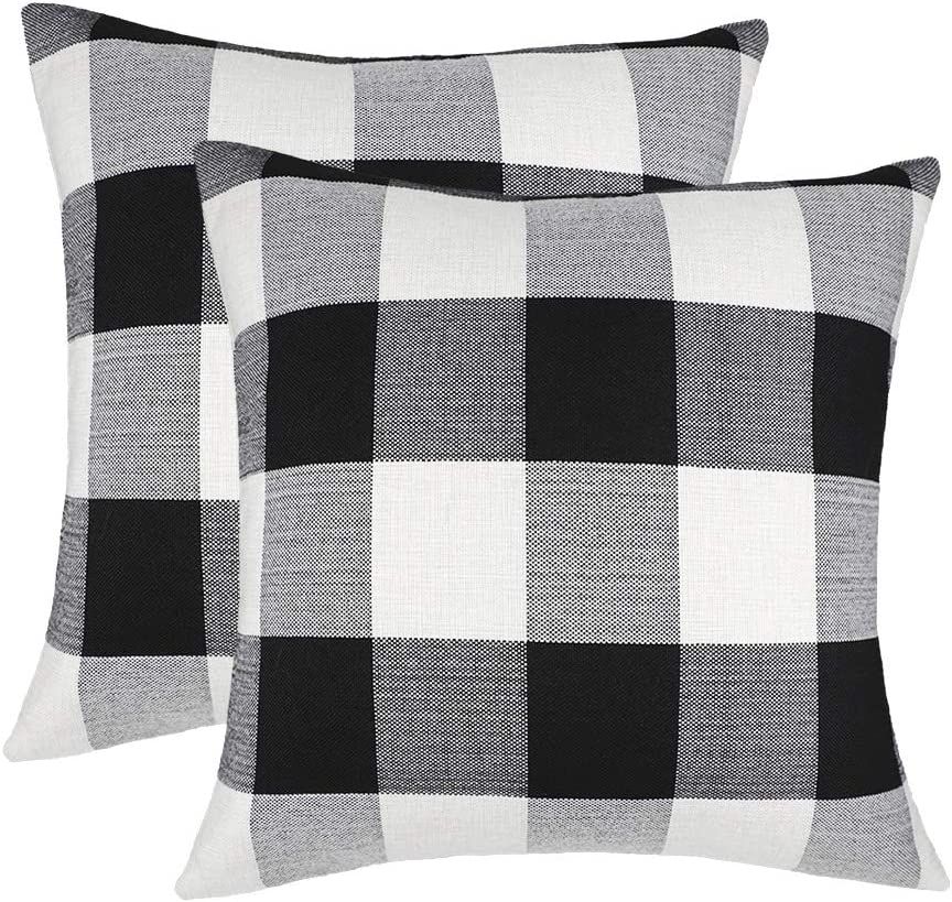 4TH Emotion Set of 2 Farmhouse Buffalo Check Plaid Throw Pillow Covers Cushion Case Cotton Linen ... | Amazon (US)