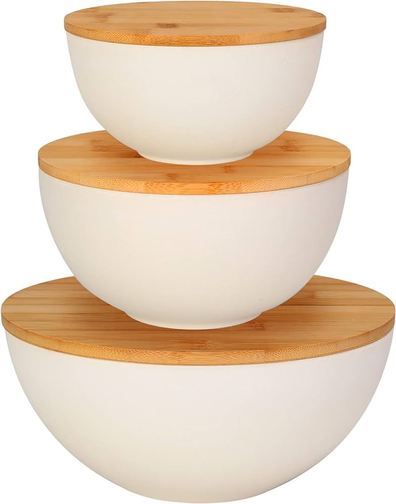 ShineMe Salad Bowl with Lid, Natural Bamboo Fiber Serving Bowls Set of 3 with Bamboo Wood Lids, B... | Amazon (US)