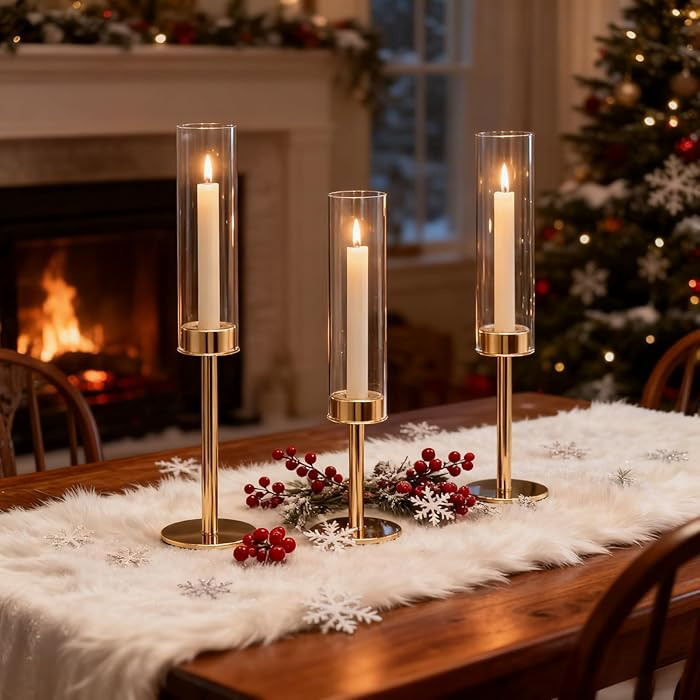 Gold Hurricane Candle Holders Set of 3, Tall Metal & Windproof Glass Taper Candle Holders, Outdoo... | Amazon (US)