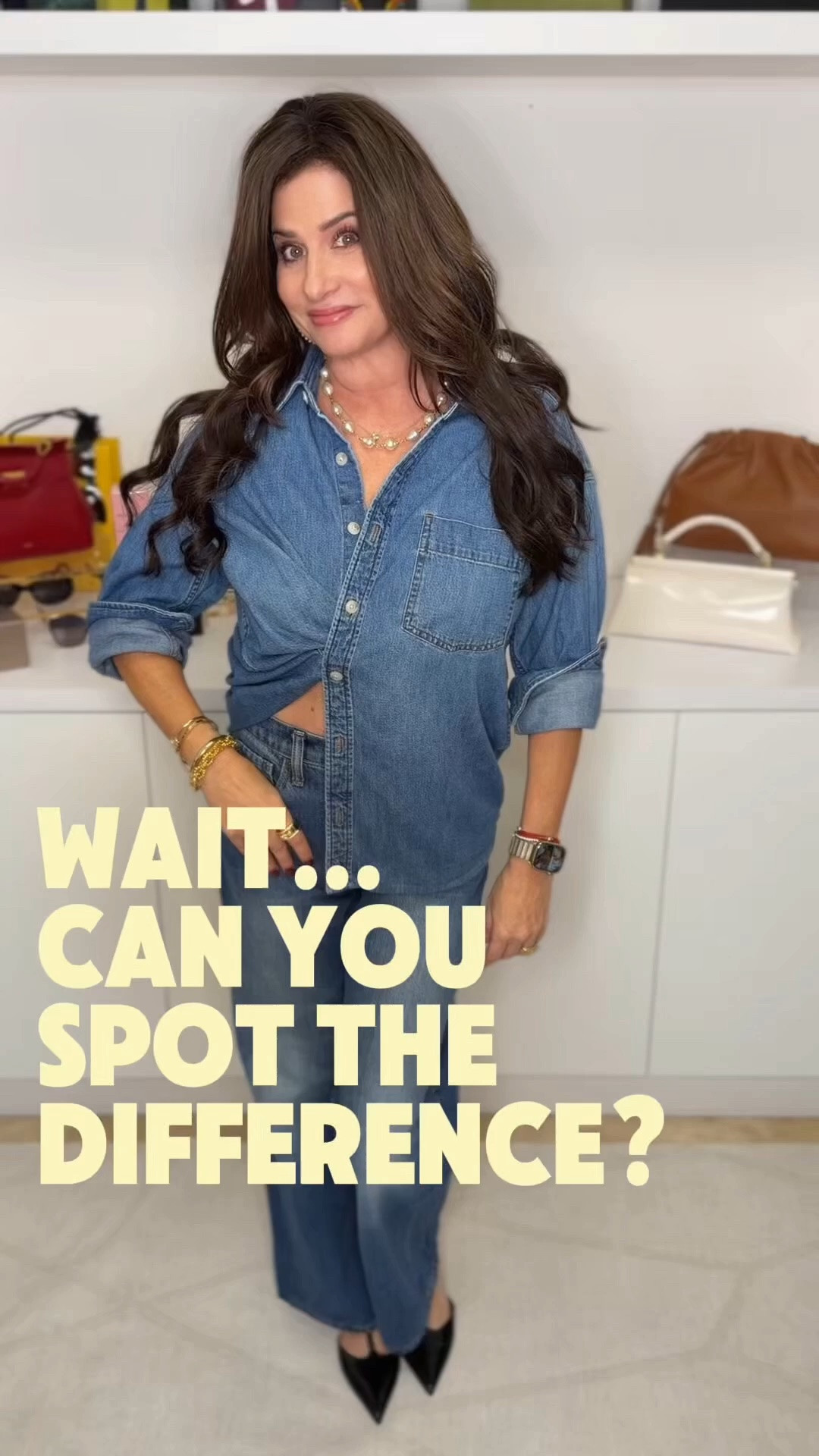 A monochrome denim look, top sm , jeans 25p. I wanted to dress up the look a little so I added the pearl pop on over button “cuff links “. They may be used on any top you want to dress up. @julievos @bananarepublic @shopbop @amazon