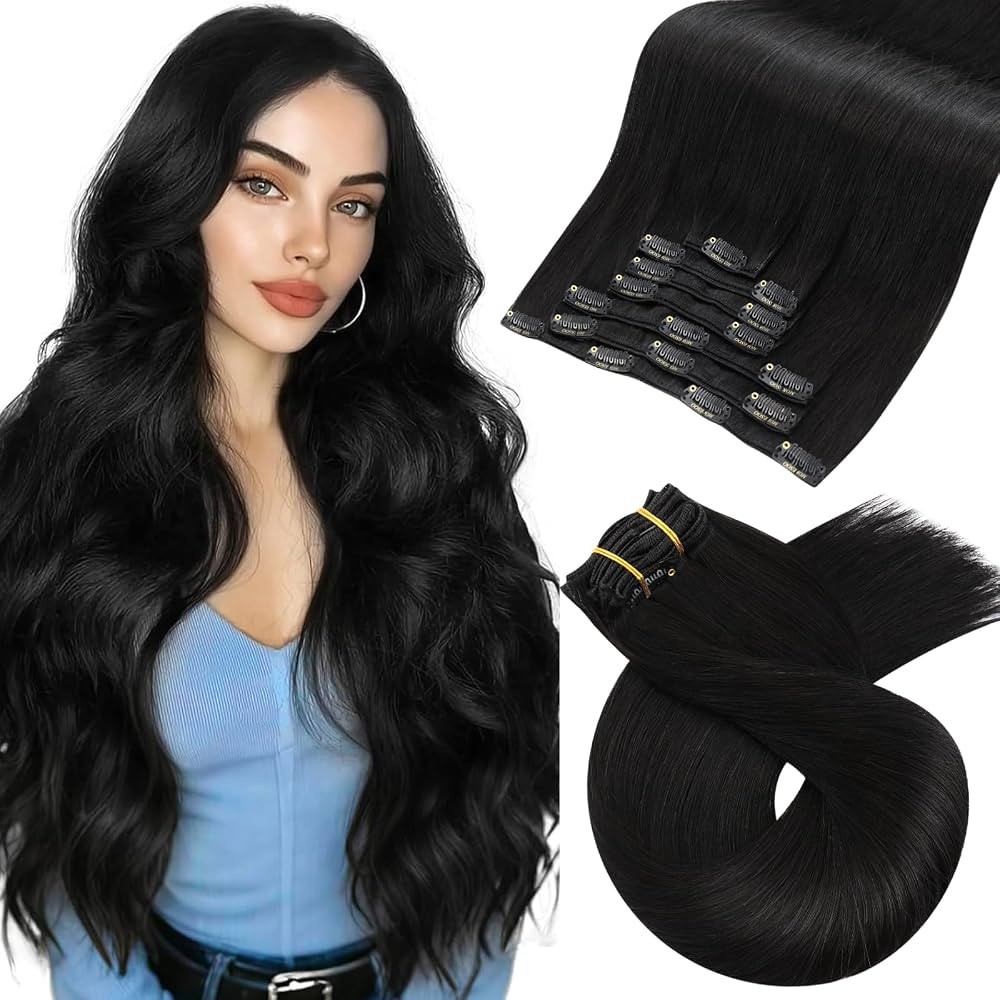 Moresoo Black Clip in Hair Extensions Real Human Hair Clip in Extensions Black Hair Extensions fo... | Amazon (US)