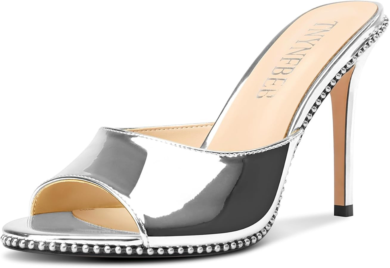 TNYNFBEB Womens Stiletto High Heel Peep Open Toe Sandals Mules Shoes Slingback Slip-on Silver Bea... | Amazon (US)