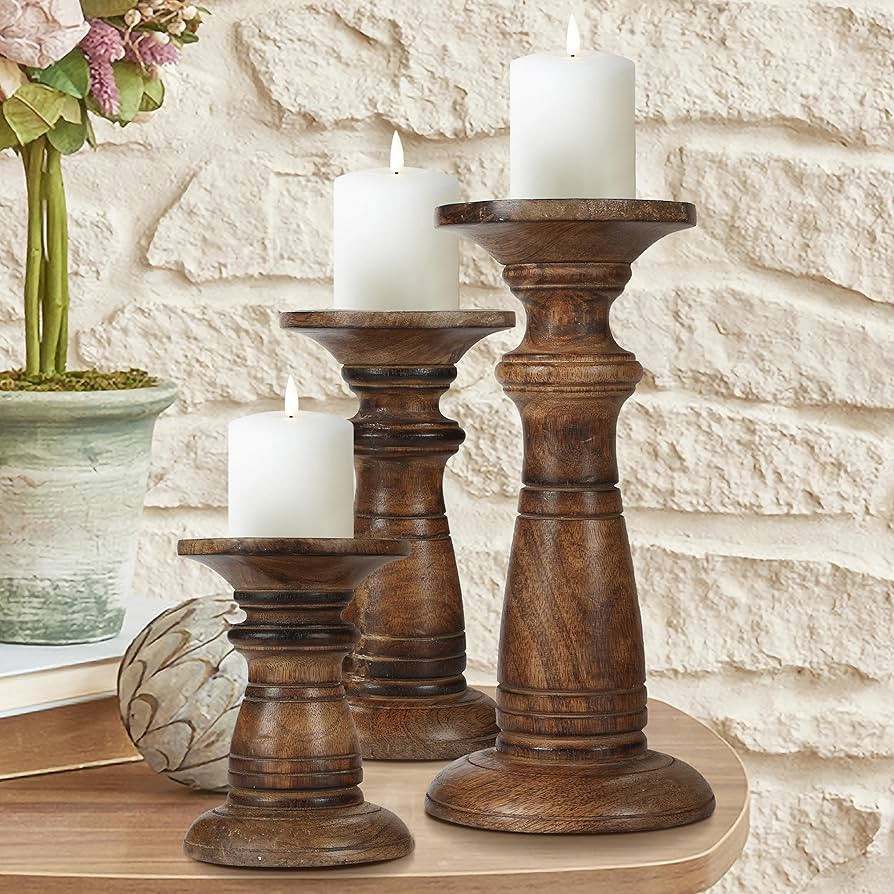 Hand Crafted Wooden Pillar Candle Holders Set of 3, Ideal for LED and Pillar Candles, Gifts for W... | Amazon (US)