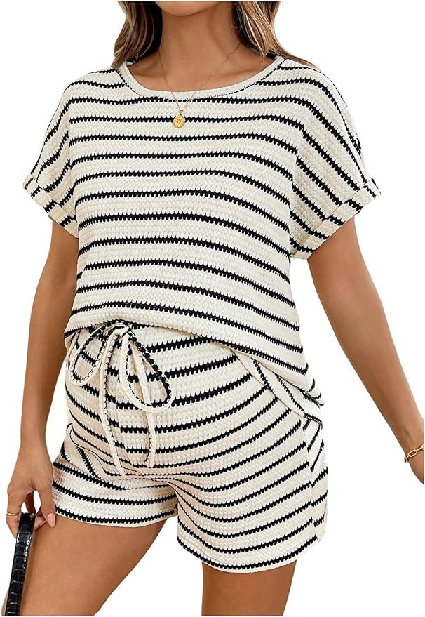 MakeMeChic Women's Maternity 2 Piece Summer Outfits Striped Crew Neck Short Sleeve Tee and Shorts... | Amazon (US)