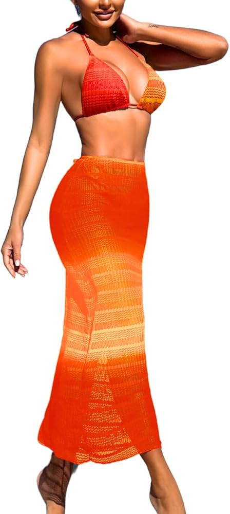 Kaei&Shi Women 3 Piece Crochet Swimsuit,Halter Triangle Bikini Sets with Ombre Cover Up | Amazon (US)