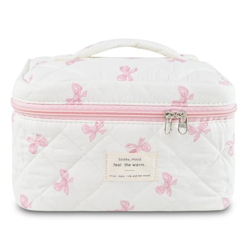 GISMTR Makeup Bag, Quilted Bow Cosmetic Bag, Large Travel Aesthetic Make up Bag, Cute Coquette Toiletry Bag for Women Girls | Amazon (US)