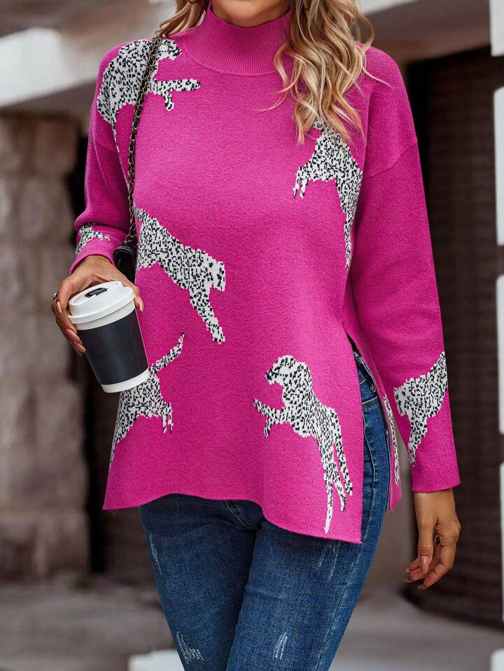 SHEIN LUNE Leopard Pattern Drop Shoulder Split Hem Sweater | SHEIN