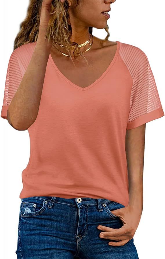 WEESO Casual V Neck T Shirts for Women Mesh Short Sleeve Dressy Tops | Amazon (US)