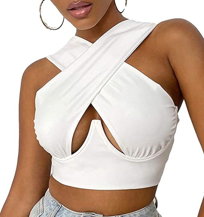 Women's Crisscross Halter Cutout Wrap Crop Top Basic Tees Solid Cami Tank Tops Vest | Amazon (US)