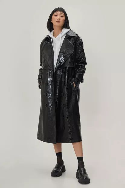 Faux Leather Croc Embossed Belted Trench Coat | Nasty Gal (US)