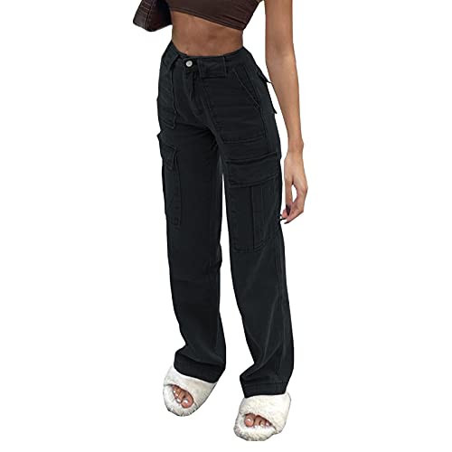 Women's Y2K Fashion Wide Leg High Waist Loose Fit Cargo Jeans Denim Pants Boyfriend Jeans for Teen Girls with Pockets Black | Amazon (US)