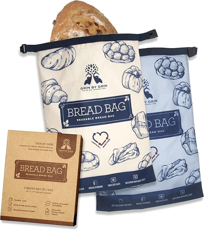 GRIN BY GRIN- 2 Packs Bread Bags, Zipper Reusable Bread Bags for Homemade Bread Loaf, Freezer Bre... | Amazon (US)