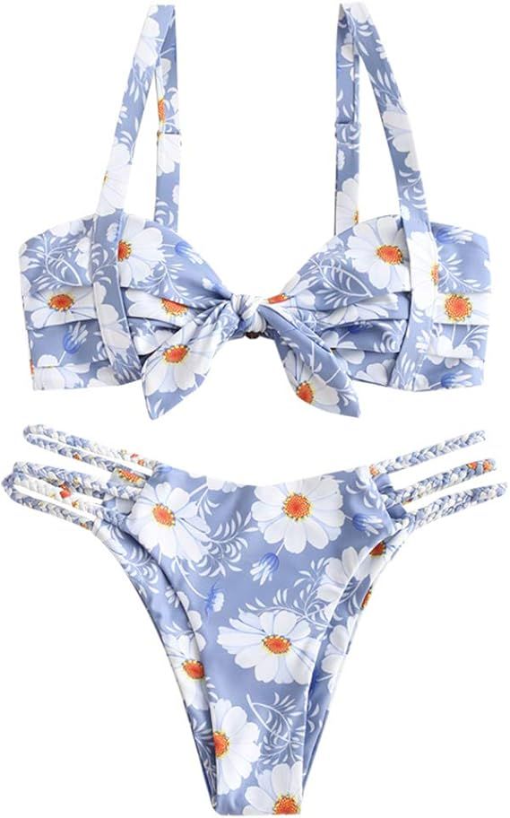 ZAFUL Women's Wide Strap Tie Knot Braided Floral Bikini Set Two Piece Swimsuit | Amazon (US)