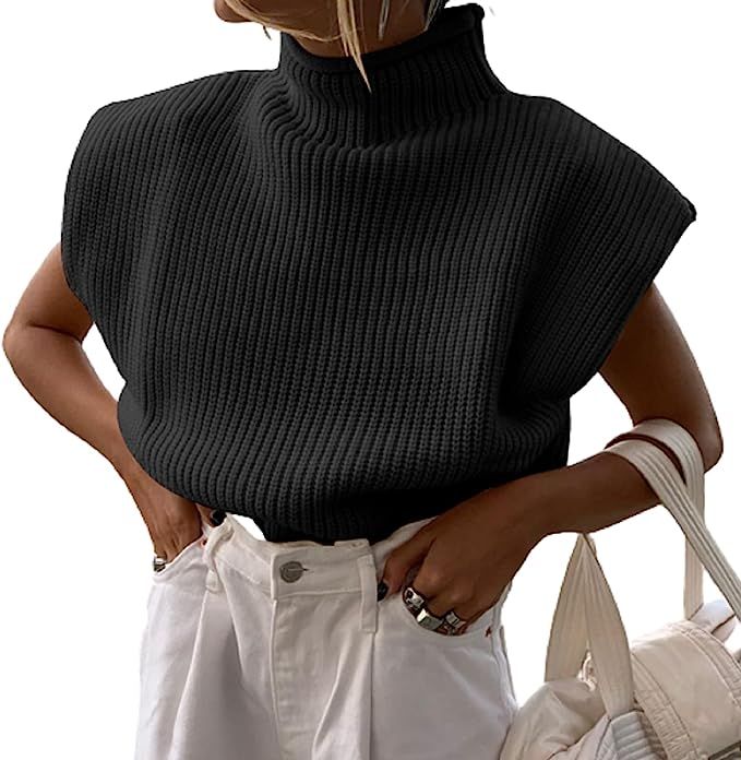 Women Shoulder Pad Sweater Top Sleeveless Turtleneck Pullover Vest Wide Shoulder Knitted Jumper T... | Amazon (US)