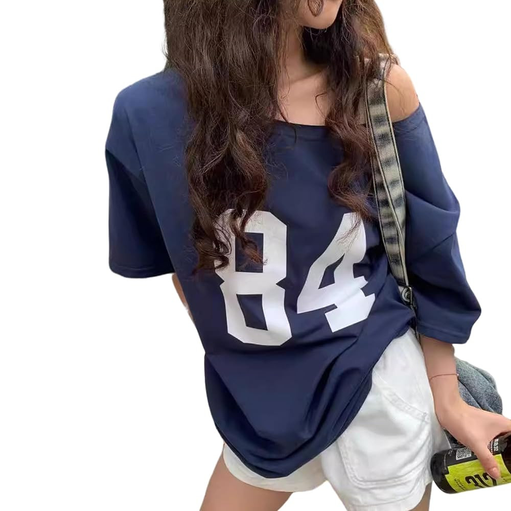 One Shoulder Oversized Tshirts Short Sleeve Y2k Baby Tees Summer Crop Top Jersey Off Shouder Grap... | Amazon (US)