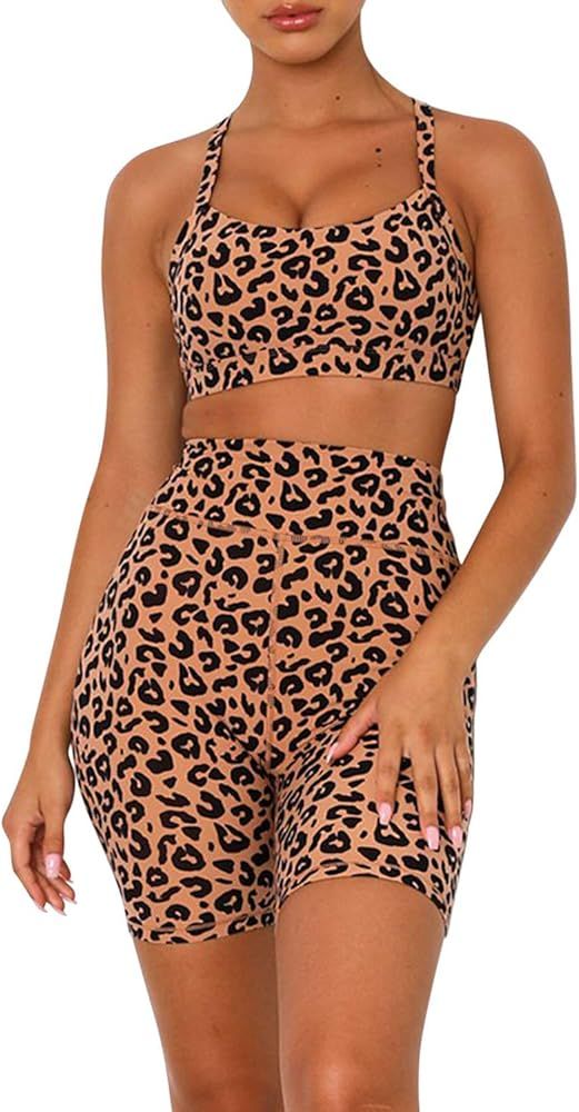 Happy Sailed Women 2 Piece Set Workout Athletic Shorts Leggings and Sports Bra Set Leopard Print ... | Amazon (US)