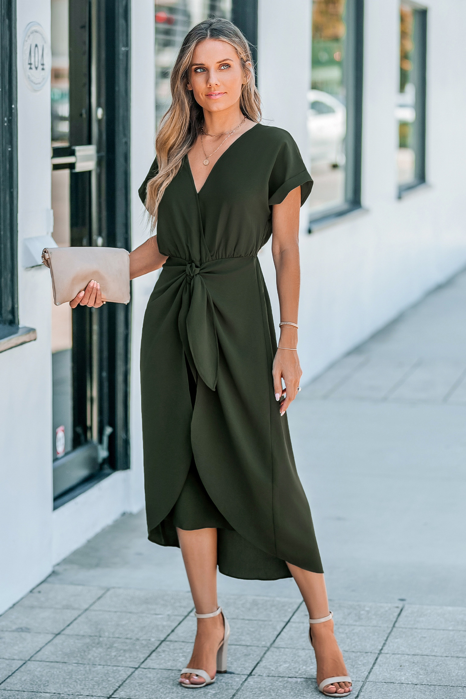 Olive Short Sleeve Waist Wrap Midi Dress | Cupshe US