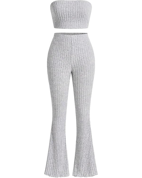 Verdusa Women's 2 Piece Ribbed Knit Sleeveless Crop Tube Top and Flare Leg Pants Set | Amazon (US)