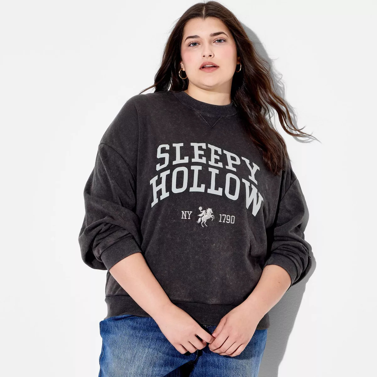 Women's Crewneck Sleepy Hollow Graphic Sweatshirt - Washed Black 1X | Target
