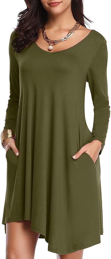 JollieLovin Women's Long Sleeve Pockets Loose T-Shirt Dress Asymmetrical Hem | Amazon (US)