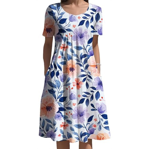 Vintage Floral Ethnic Patchwork Print Midi Dress for Women Boho Floral Midi Dress Side Pockets Beach Blue Purple 3X-Large | Amazon (US)