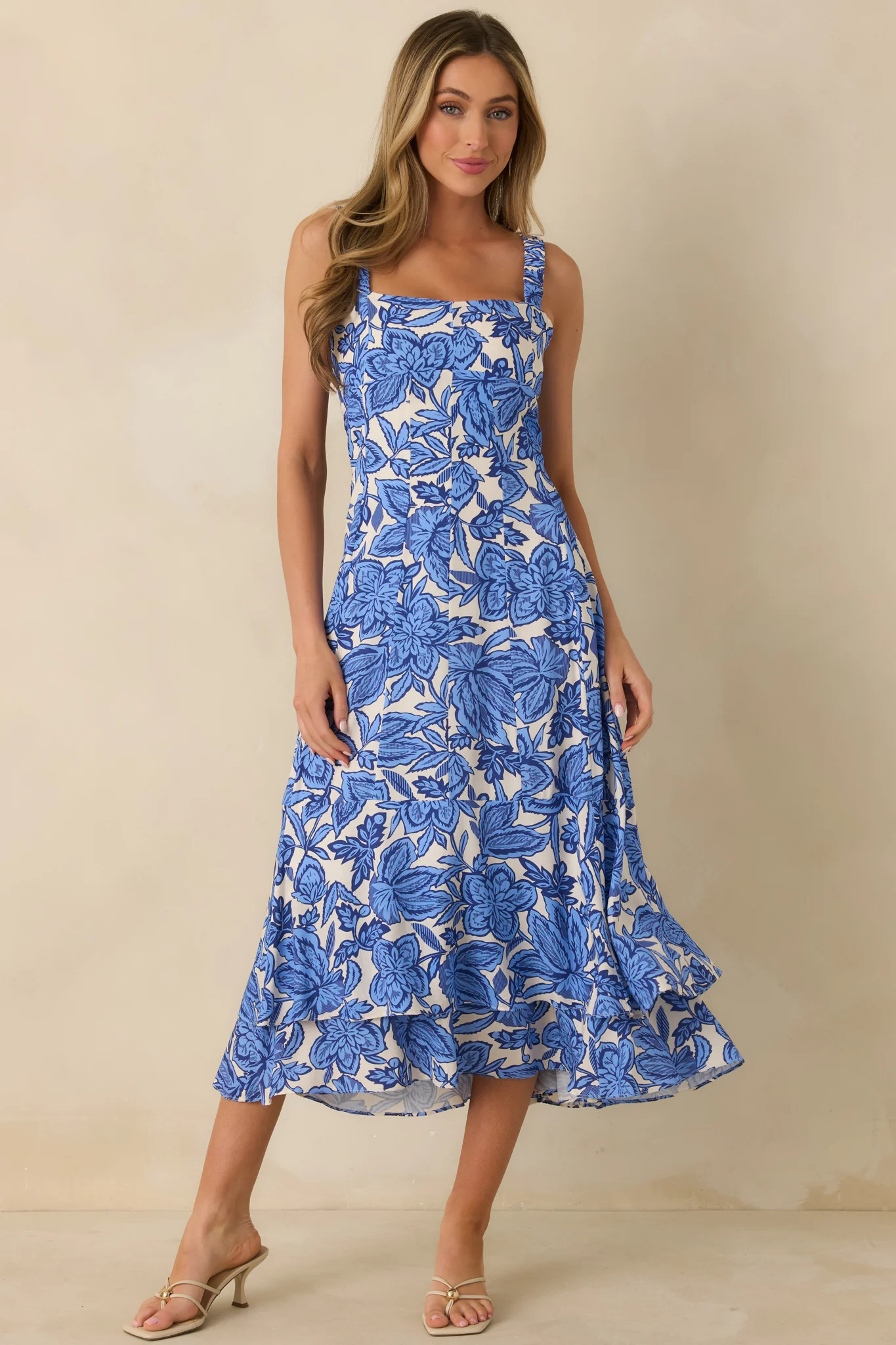 The Sweetest Season Blue Floral Tiered Open Back Midi Dress | Red Dress