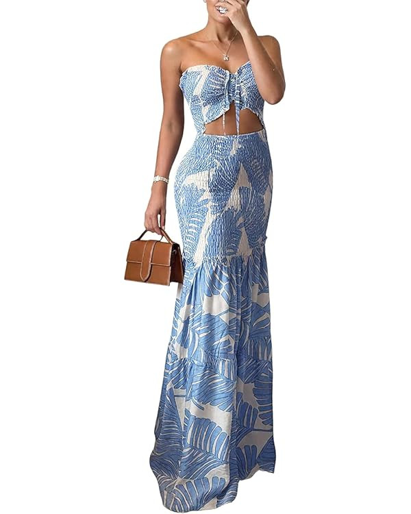 CHICME Floral Printed Vacation Dress Halter Tie Ruched Shirred Bandeau Party Dress Slim Ruffle He... | Amazon (US)