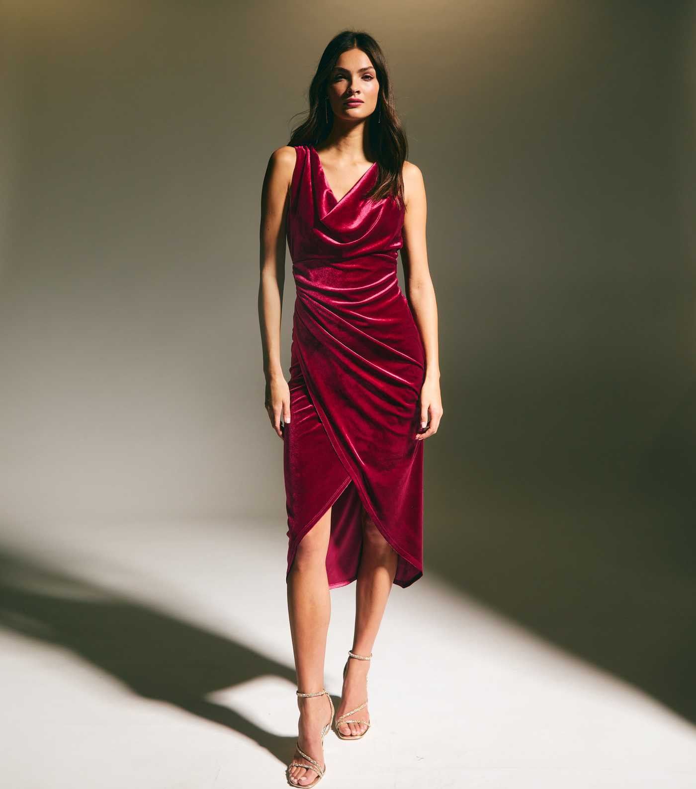 Burgundy Draped Velvet Cowl Neck Midi Dress | New Look | New Look (UK)
