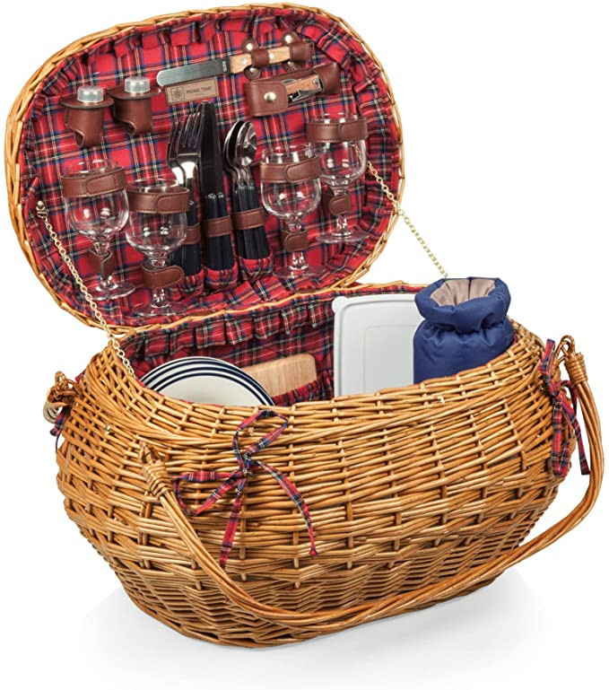 PICNIC TIME Highlander Deluxe Wicker Picnic Basket for 4 with Blanket and Wine Bag, One Size, Red... | Amazon (US)