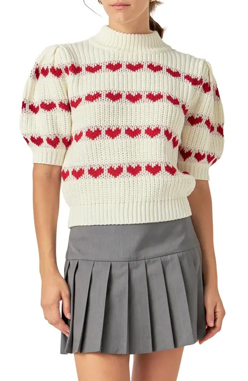 English Factory Heart Stripe Elbow Sleeve Sweater in White/Red at Nordstrom, Size Small | Nordstrom