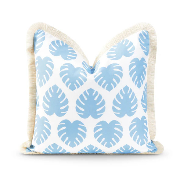 Coastal Hampton Style Indoor Outdoor Pillow Cover, Monstera Leaf Fringe, Baby Blue, 20"x20" | Hofdeco